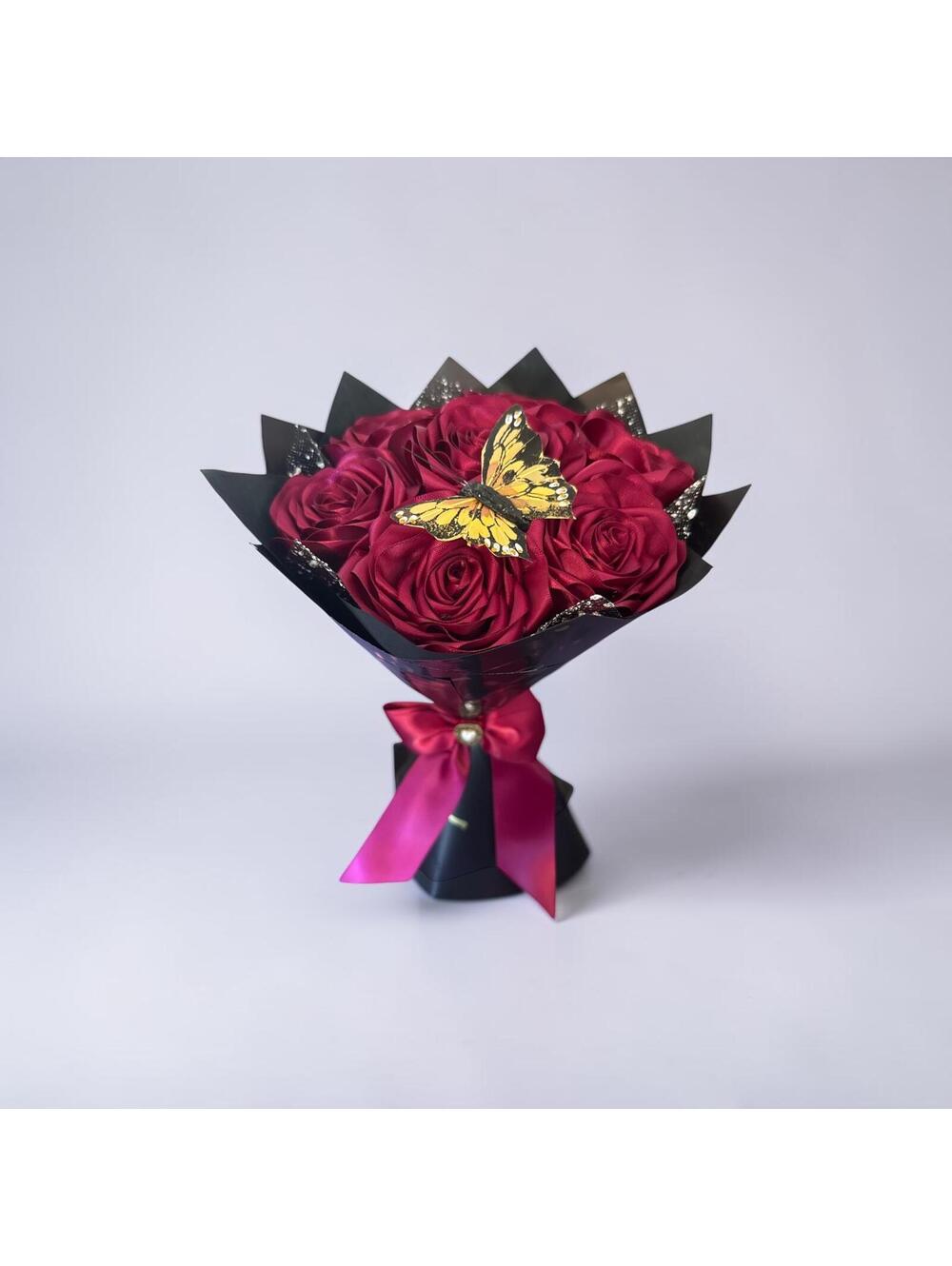 Handmade Burgundy Satin Rose Bouquet with Black Wrap and Butterfly Accent